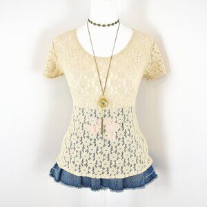 Vintage 00s Y2K Jonden Cream Semi Sheer Floral Lace Short Sleeve Top Size Small